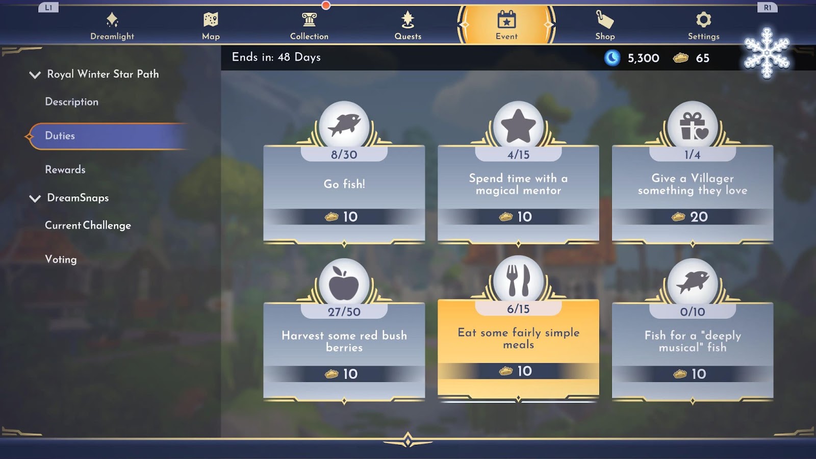 An in game screenshot of the Royal Winter Star Path menu from Disney Dreamlight Valley. 