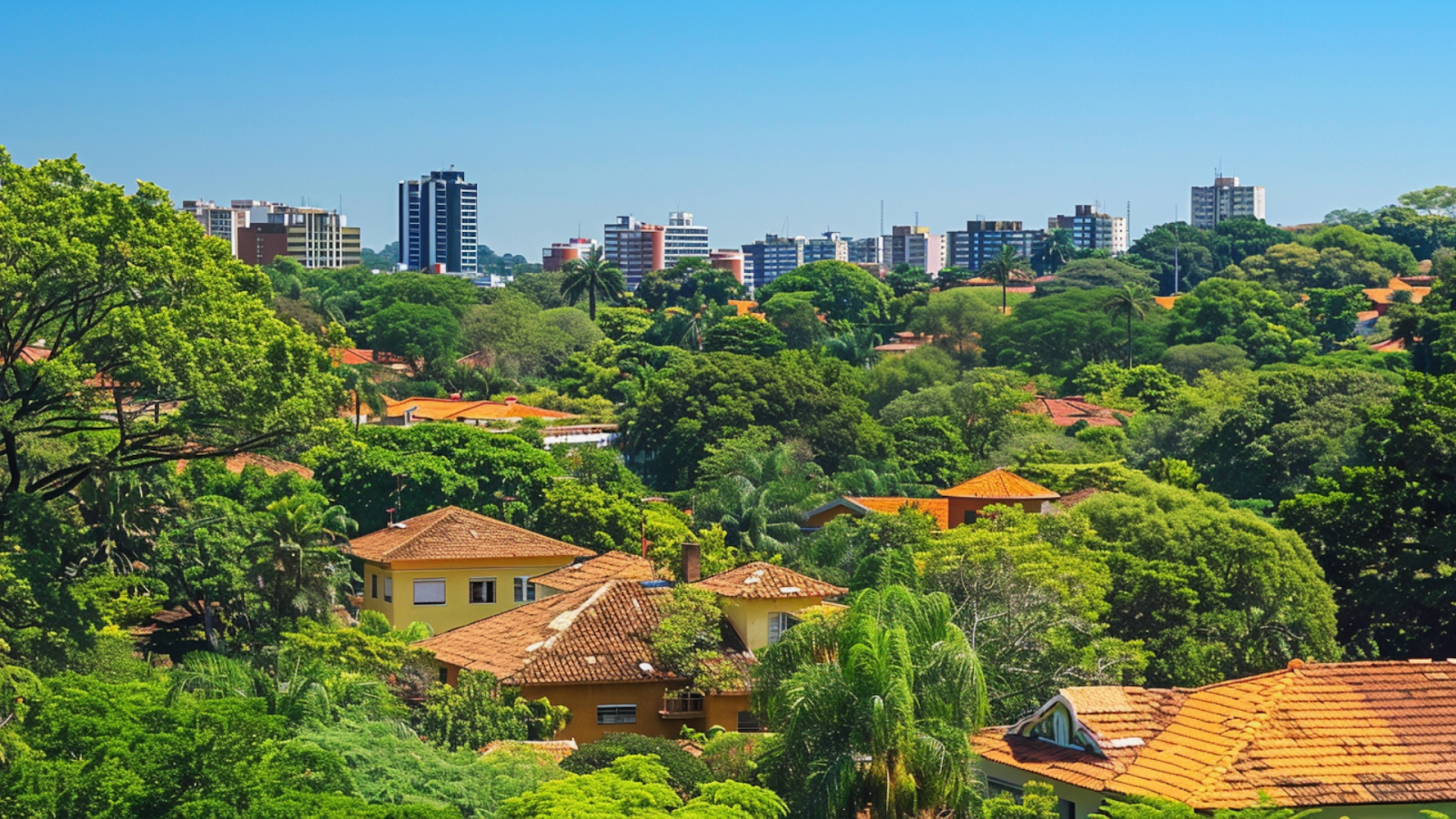 Modern buildings with trees and houses in the foreground in Sao Paulo, Brazil