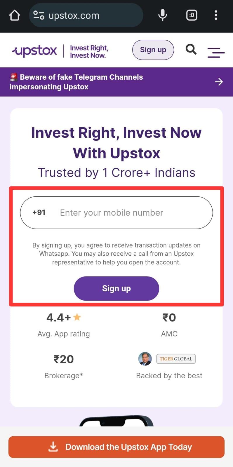 Upstox sign up page