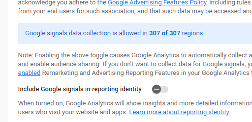 Disable, Include Google signals in reporting identity in GA4