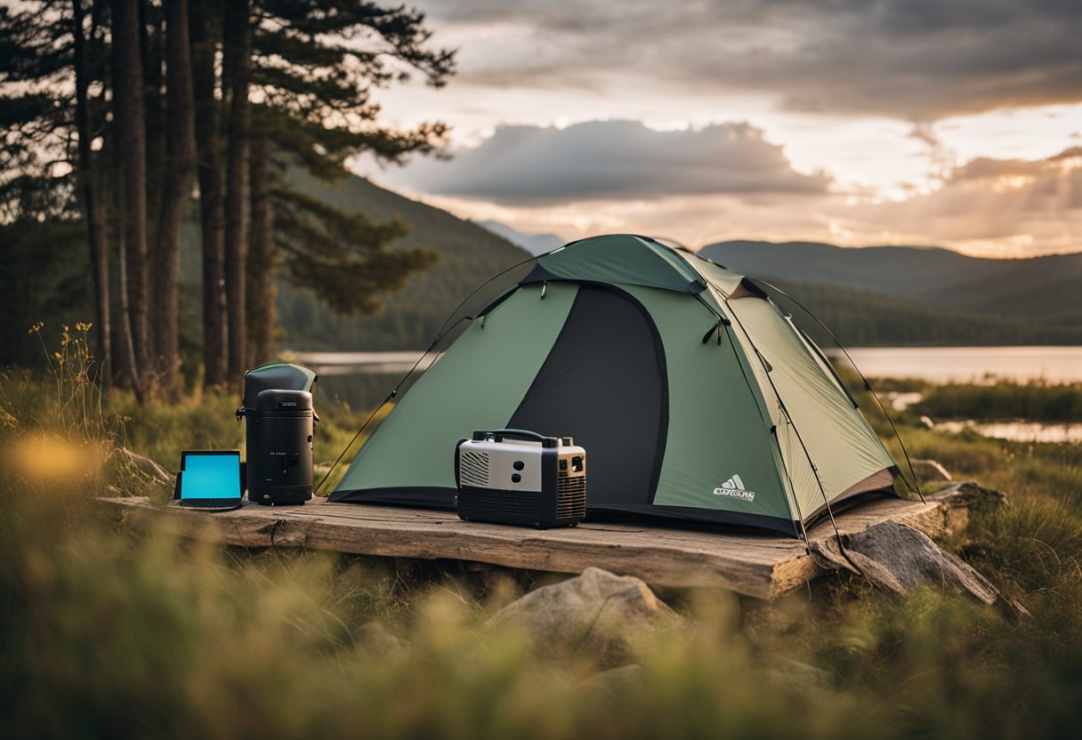 A campsite with a modern, compact generator surrounded by outdoor gear and a cozy tent in a scenic natural setting