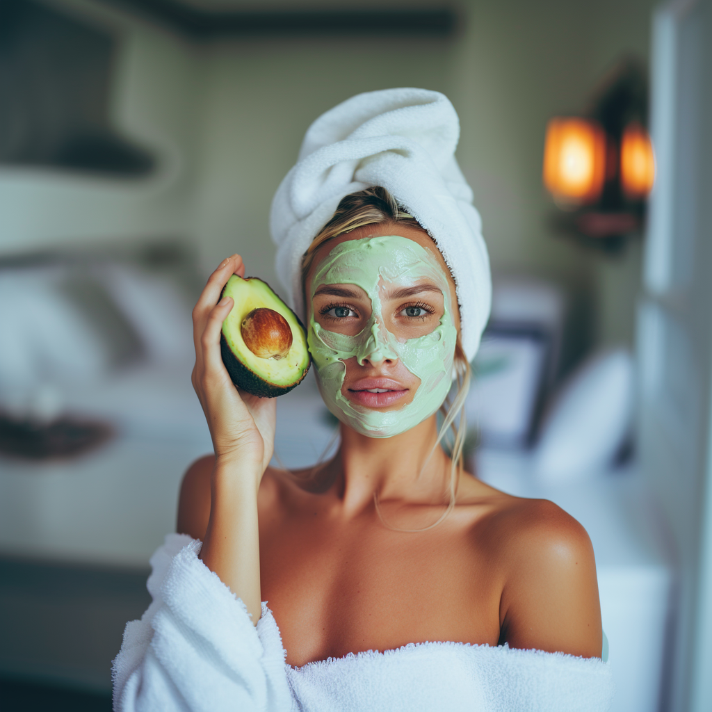 Attractive blonde woman applying Calming Yogurt and Avocado Face Mask on skin in white robe