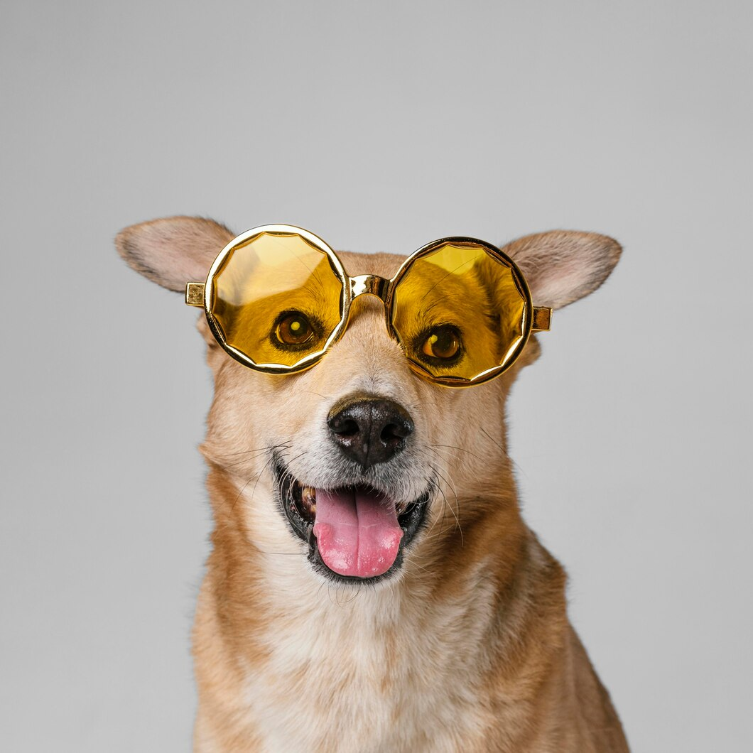 A dog smiling and wearing sunglasses.