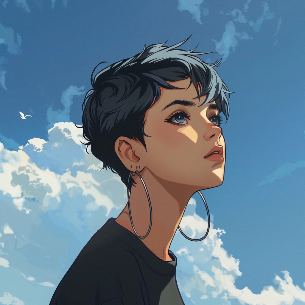 anime style illustration of a young woman, with short hair, set against a backdrop of blue sky and white clouds, created with Midjourney AI generated image.