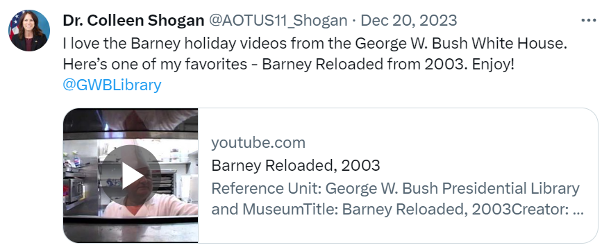 A screenshot of an X post from Dr. Colleen Shogan that says, "I love the Barney holidays videos from the George W. Bush White House. Here's one of my favorites - Barney Reloaded from 2003. Enjoy! @GWBLibrary"