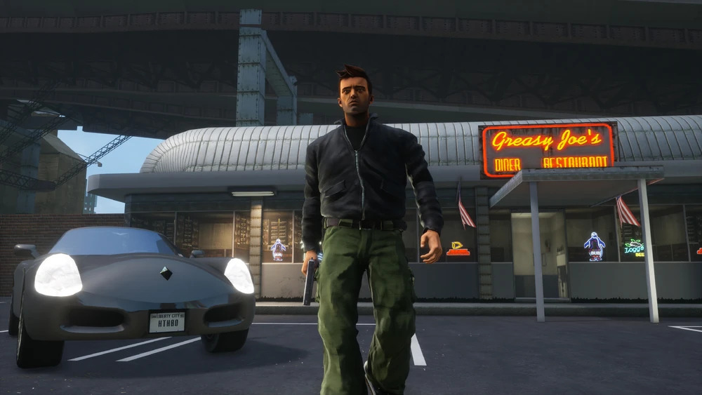 An in game image of Claude from the remastered GTA III. 