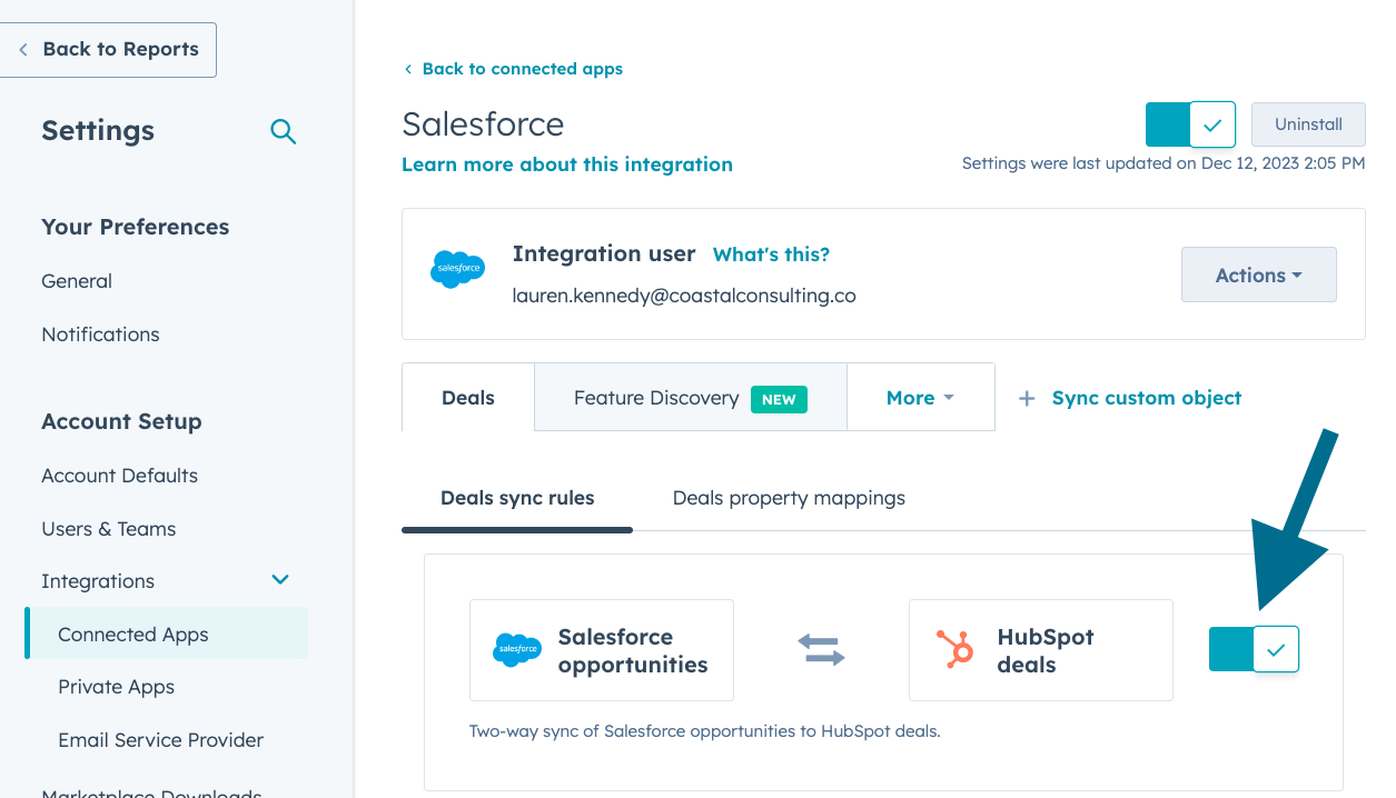 Screenshot of the HubSpot Salesforce integration showing how to sync HubSpot Deals with Salesforce Opportunities