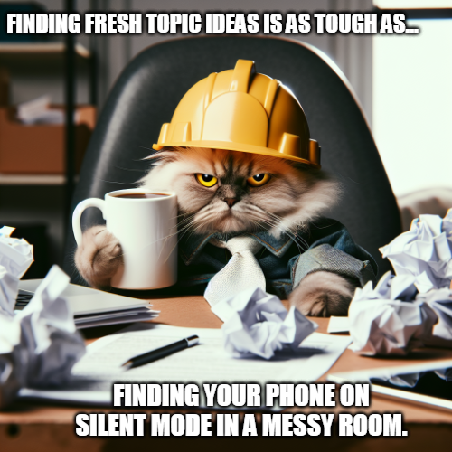 Meme showing a tired cat who searched for some good content writing topics