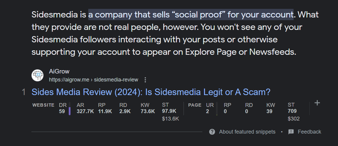 Sidesmedia explaining that offers 'social proof' but not real follower interaction.