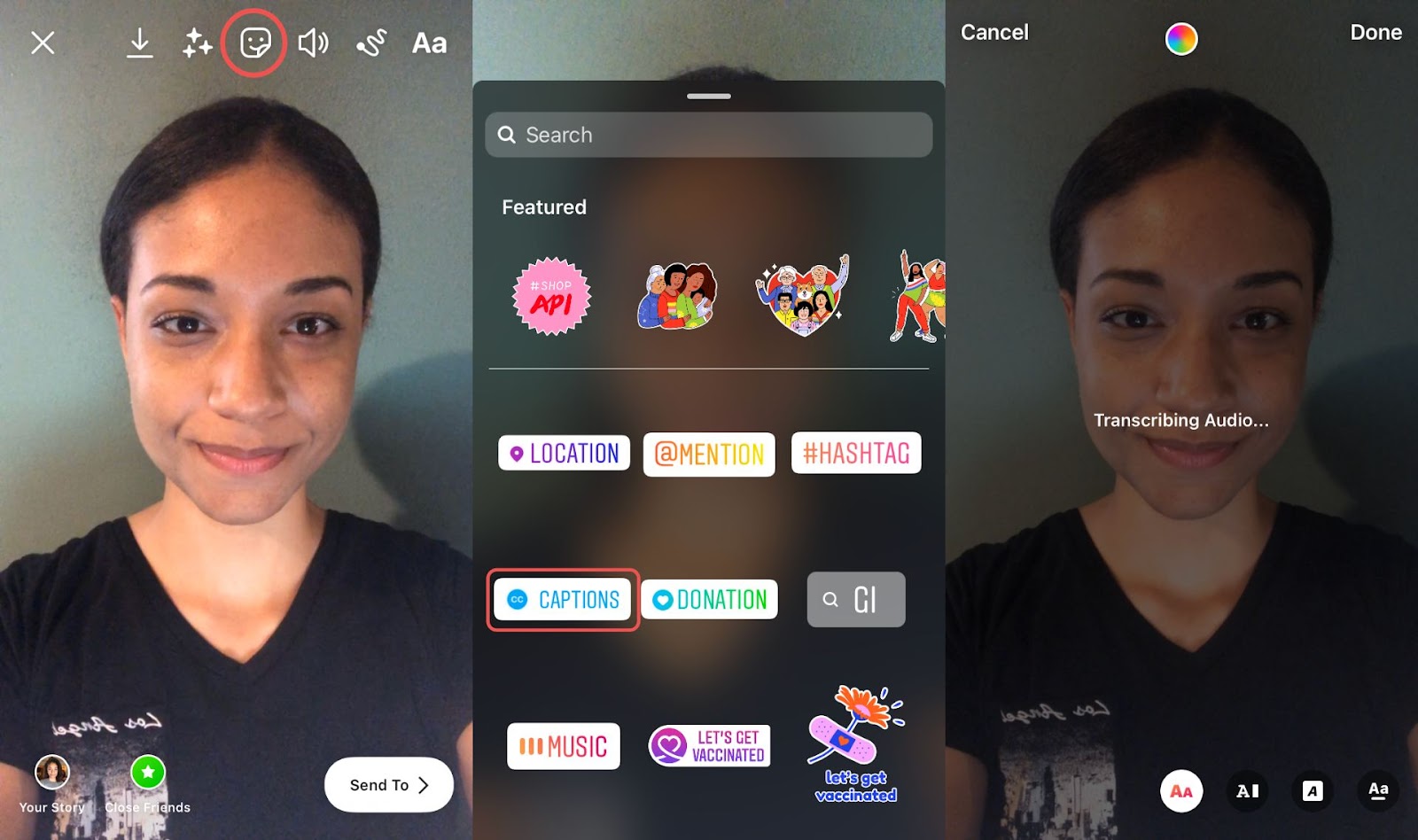 three screenshots showing how to use the auto-caption sticker on Instagram Stories