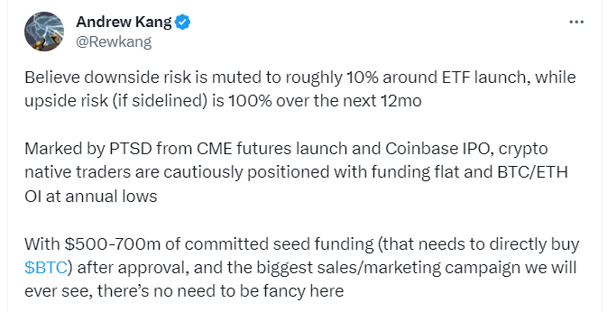 Andrew Kang預言：現貨比特幣ETF核準後，將有5-7億美元湧入市場購買BTC！