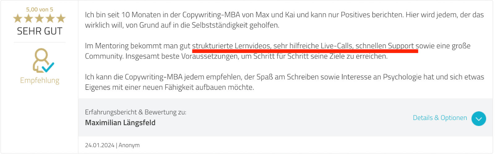 Bewertung auf ProvenExpert einer Copywriter Ausbildung