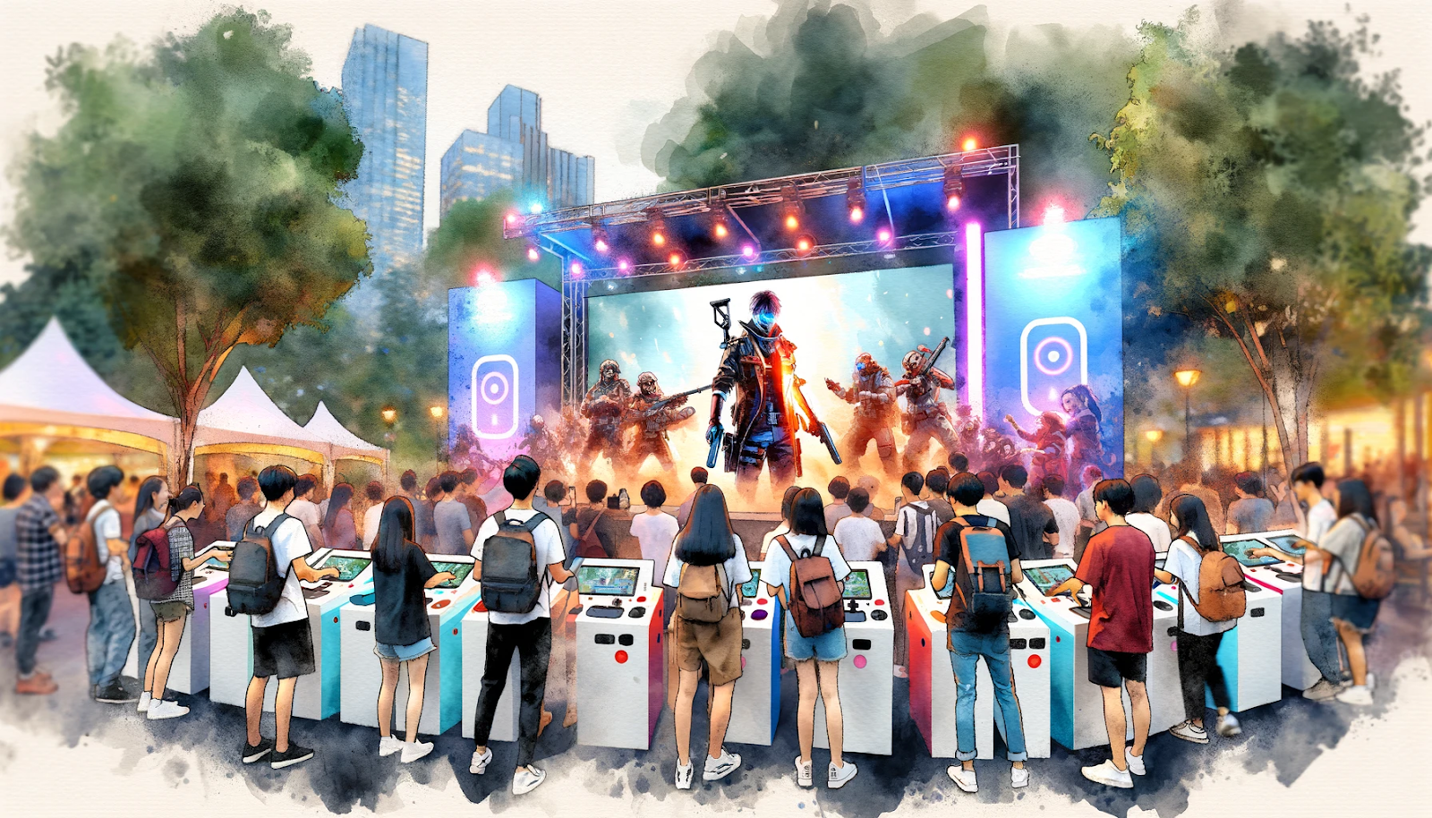 A group of excited gamers gathering around a large, interactive game setup in a public park