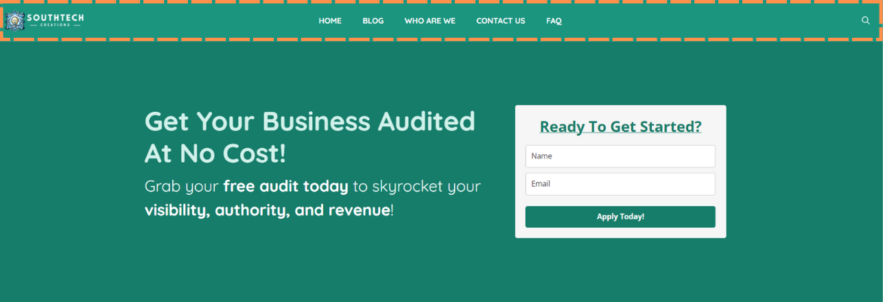 A screenshot of the SouthTech Creations website with the header being highlighted.