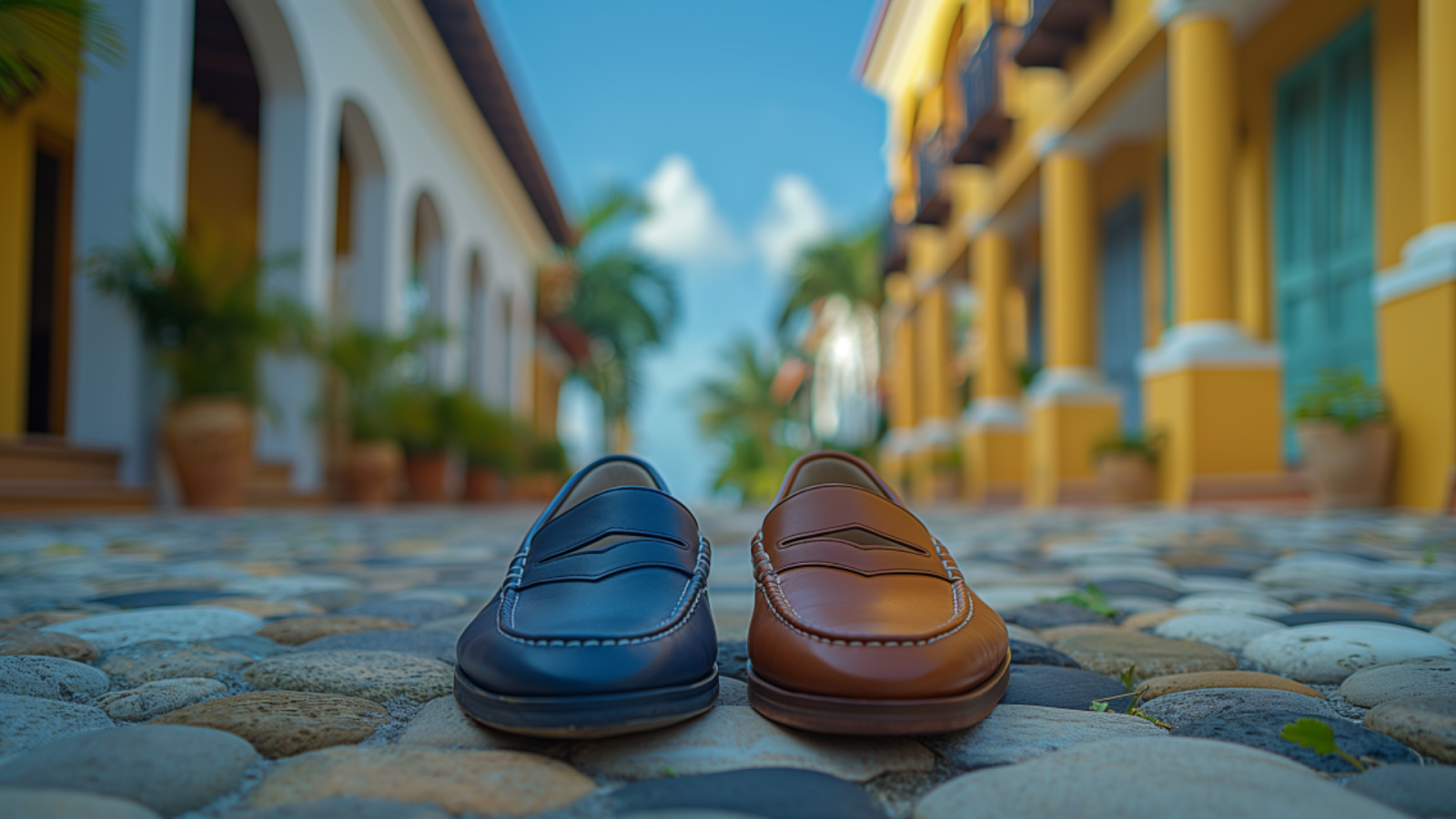 Stylish loafers showcased on a quaint cobblestone street in Playa del Carmen.