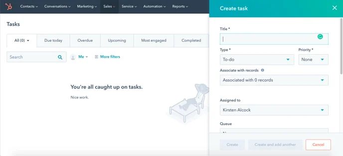 Screenshot of Create Task in HubSpot