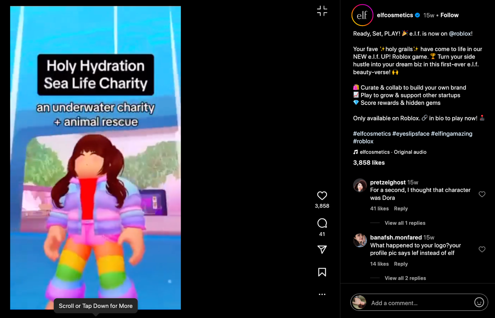 Instagram screenshot of @elfcosmetics post of the e.l.f. UP! Roblox game featuring a Roblox character under the text "Holy Hydration Sea Life Charity, an underwater charity + animal rescue"