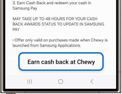 Earn cash back at Chewy highlighted on the Samsung Wallet app on a Galaxy phone
