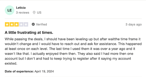 A 3-star Trustpilot Flash Rewards review from a user who wasn't leveling up like they should have been because customer service said they had multiple accounts. 