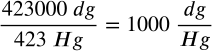 <math xmlns="http://www.w3.org/1998/Math/MathML" display="block" data-is-equatio="1" data-latex="\frac{423000\ dg}{423\ Hg}=1000\ \frac{dg}{Hg}"><mfrac><mrow><mn>423000</mn><mtext></mtext><mi>d</mi><mi>g</mi></mrow><mrow><mn>423</mn><mtext></mtext><mi>H</mi><mi>g</mi></mrow></mfrac><mo>=</mo><mn>1000</mn><mtext></mtext><mfrac><mrow><mi>d</mi><mi>g</mi></mrow><mrow><mi>H</mi><mi>g</mi></mrow></mfrac></math>