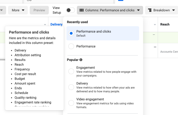 Selecting Performance and Clicks in Facebook Ads Manager