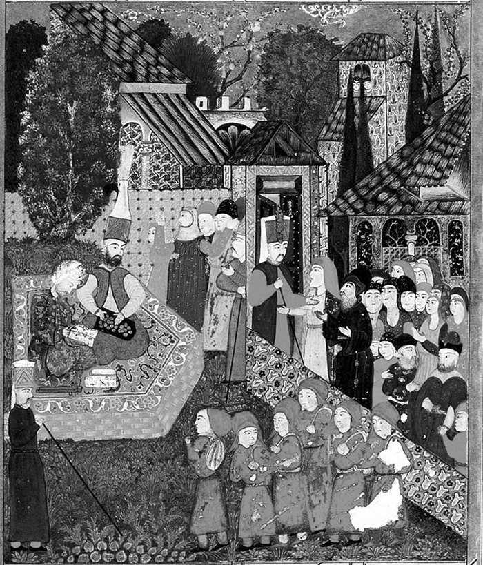 The figure presents an illustration from a manuscript. In the illustration, two Ottoman officials, dressed in ornate clothing, sit on a platform. A group of six young boys holding bags over their shoulders wait in front of the platform. An Ottoman official with a rod watches over the boys. Behind the boys, several townspeople are drawn, with some making exasperated gestures. Some townspeople appear to be pleading with an Ottoman official.