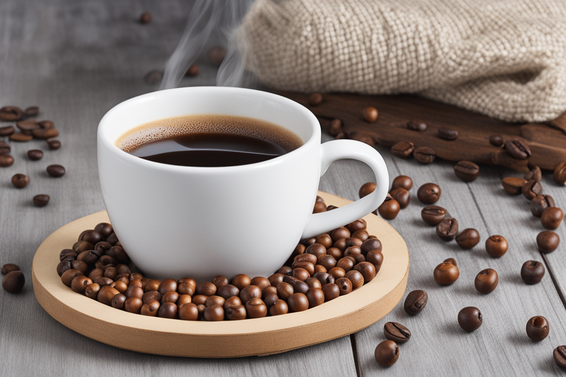 Set of wood bead coasters under a steaming mug of coffee