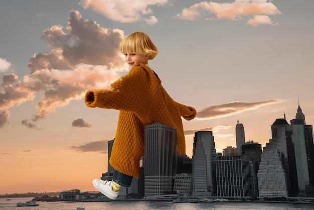 a giant child walking around skyscrapers