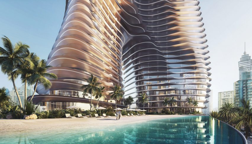 View of the Bugatti Residences overlooking Riviera-inspired beach