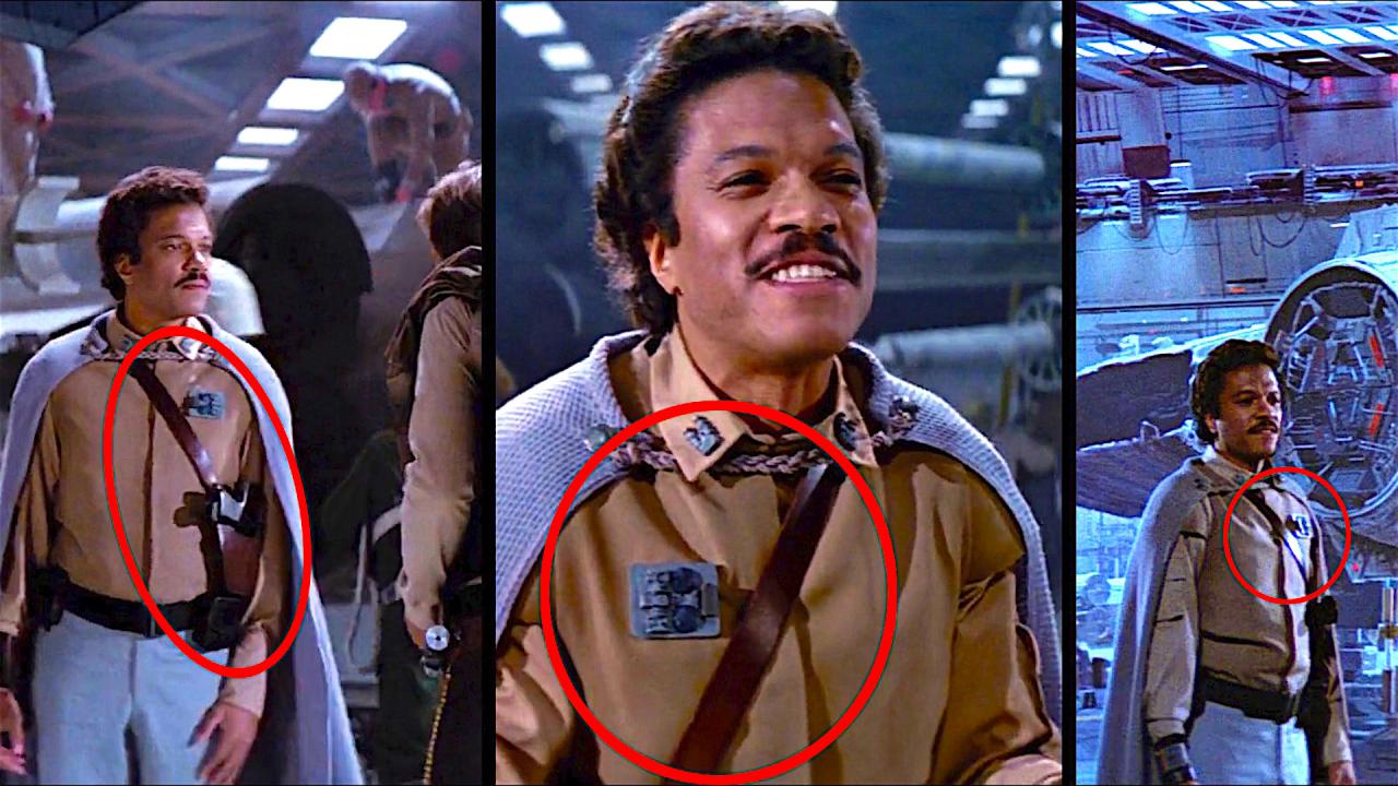 Image of Lando from Star Wars in various scenes with a small costume continuity error.