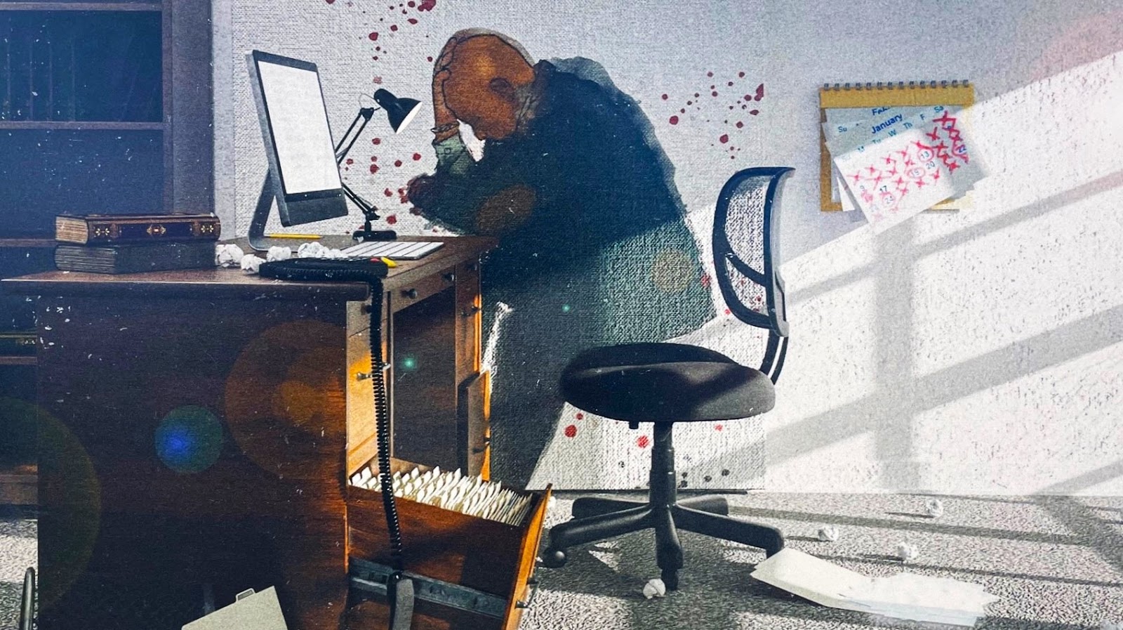 an art piece depicting a man sitting at a desk with his head in his hands. 