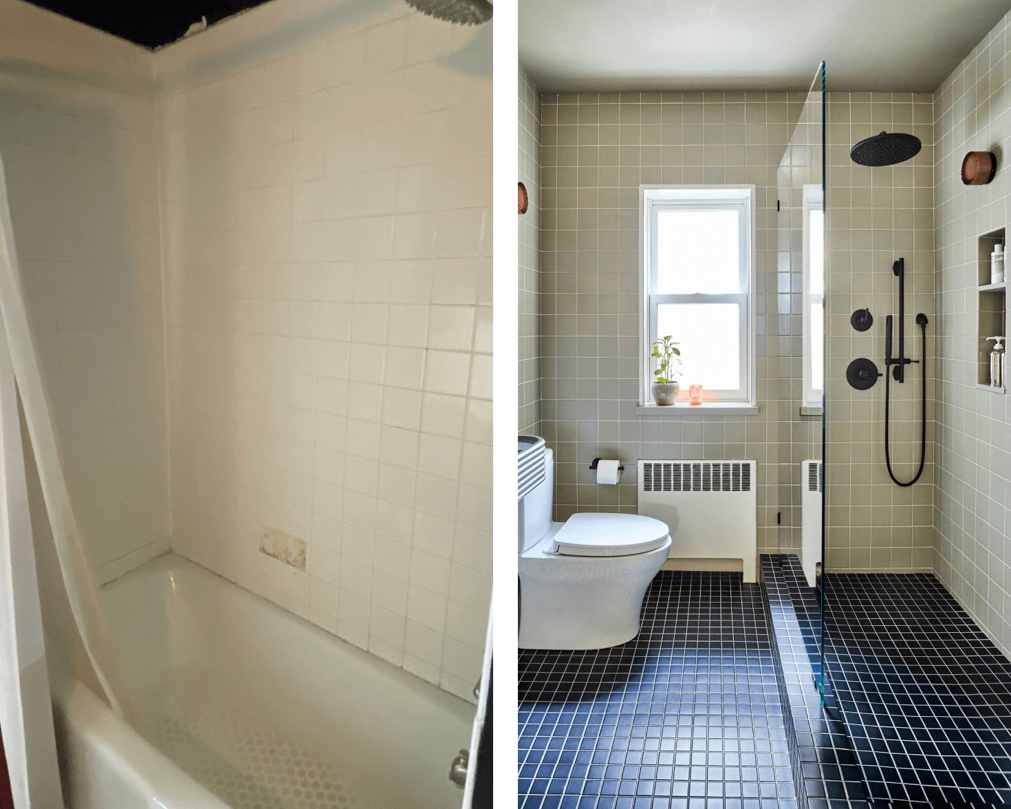 Before and after tub to shower conversion. The updated modern walk-in shower features green wall tiles, black tile flooring, matte black fixtures, a glass shower enclosure, rain showerhead and handheld shower, as well as a wall niche for storage.