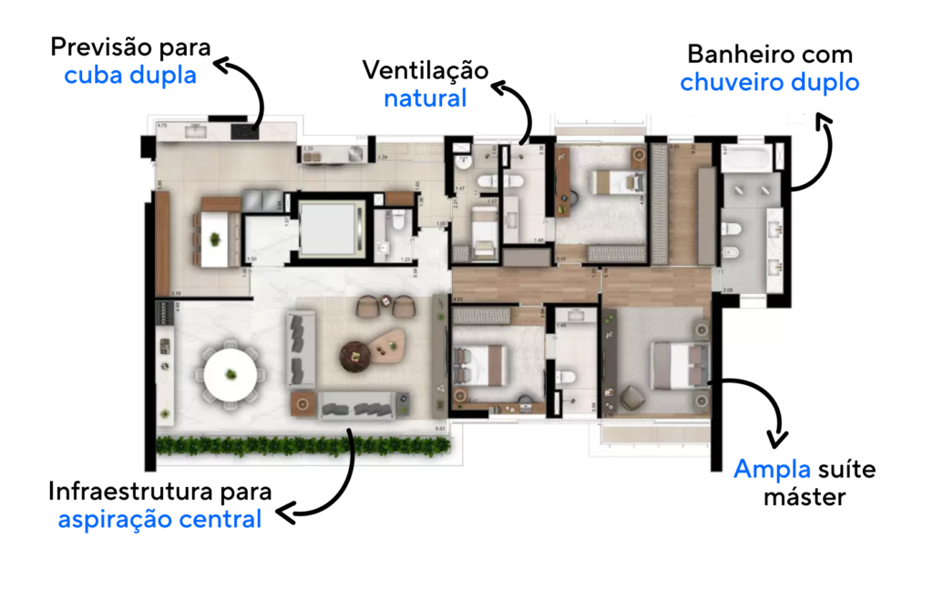 Planta do apartamento de 229 m² com três suítes do Casa Brasileira Itaim.