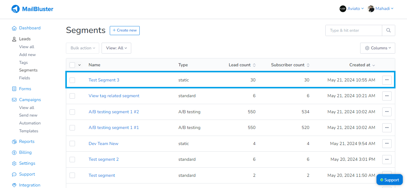 Static segment is added to the Segments list in MailBluster