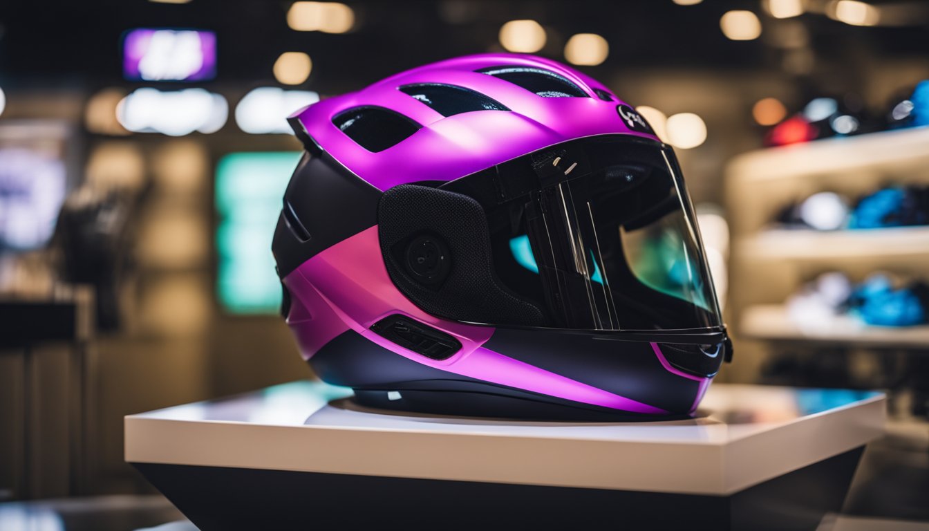 A sleek, aerodynamic road bike helmet with ventilation, adjustable straps, and a visor, in a vibrant color scheme, on a clean, modern display stand