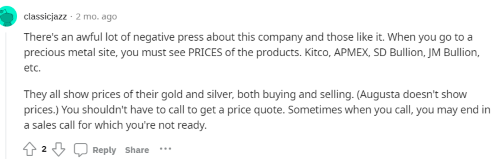 A person on Reddit sharing their Augusta Precious Metals review of how the company isn’t upfront about their pricing. 