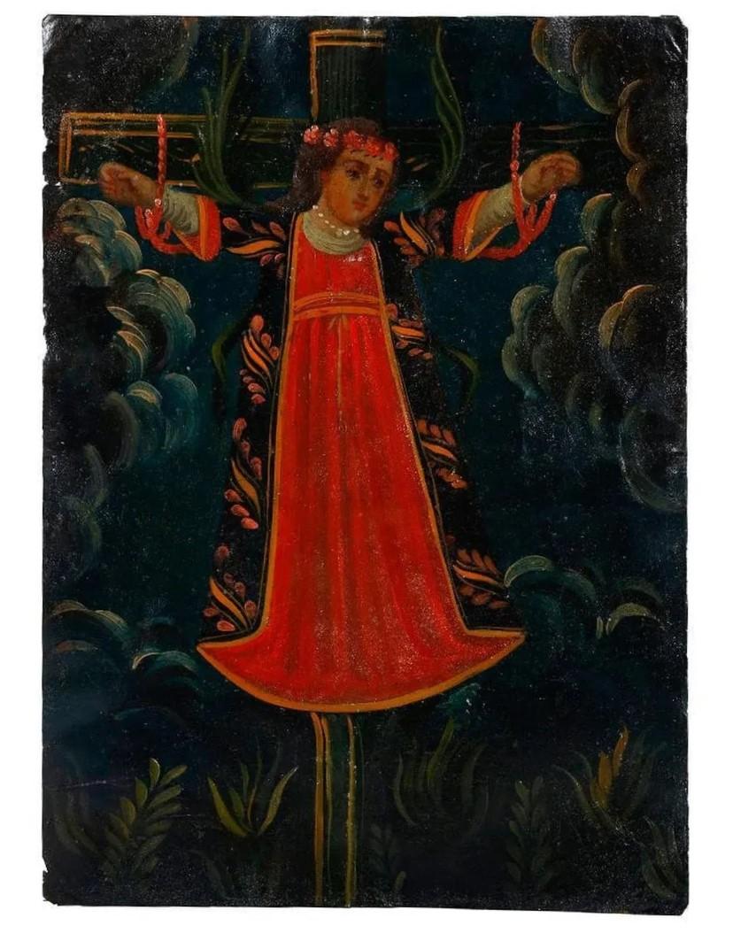A painting of a person in a red dress

Description automatically generated