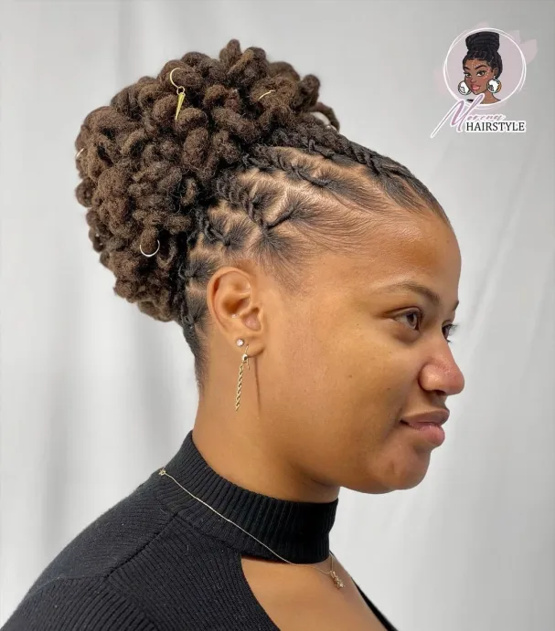 Picture of a lady rocking dreads with puff bun