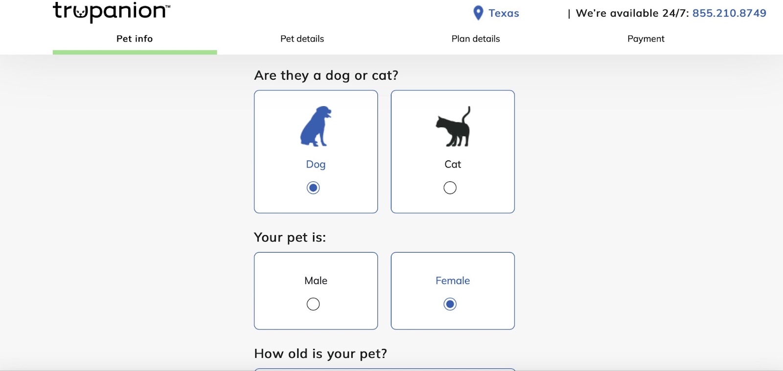 Trupanion application - pet information