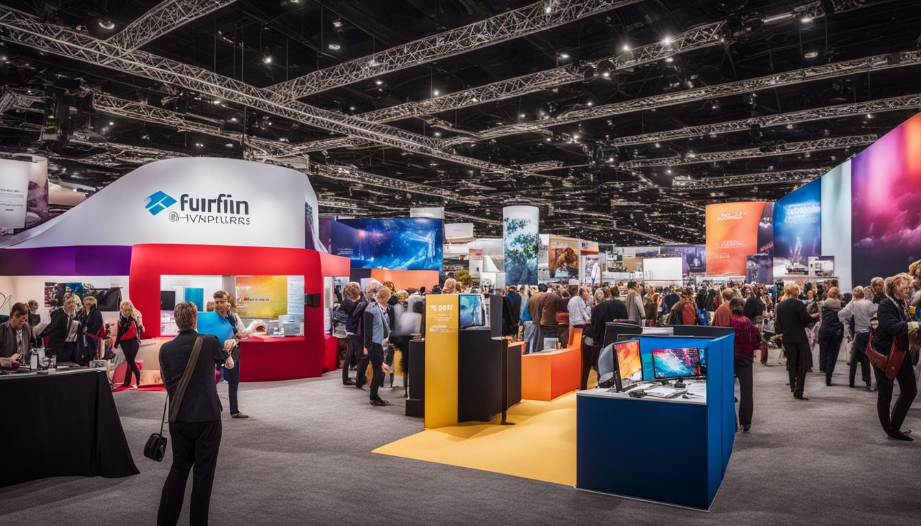 A vibrant trade show with diverse booths and bustling atmosphere.