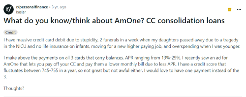 A person on Reddit is asking others to share their AmOne reviews for debt consolidation loans.