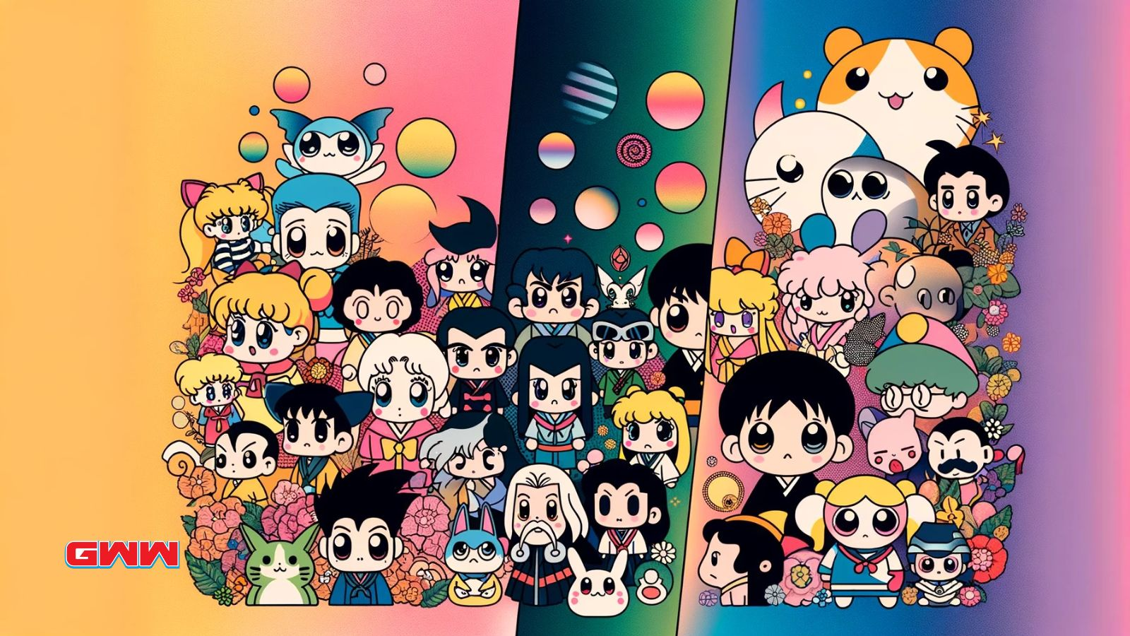 Collage de personajes de anime kawaii con fondo vibrante