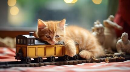 A kitten lying on a toy train

Description automatically generated