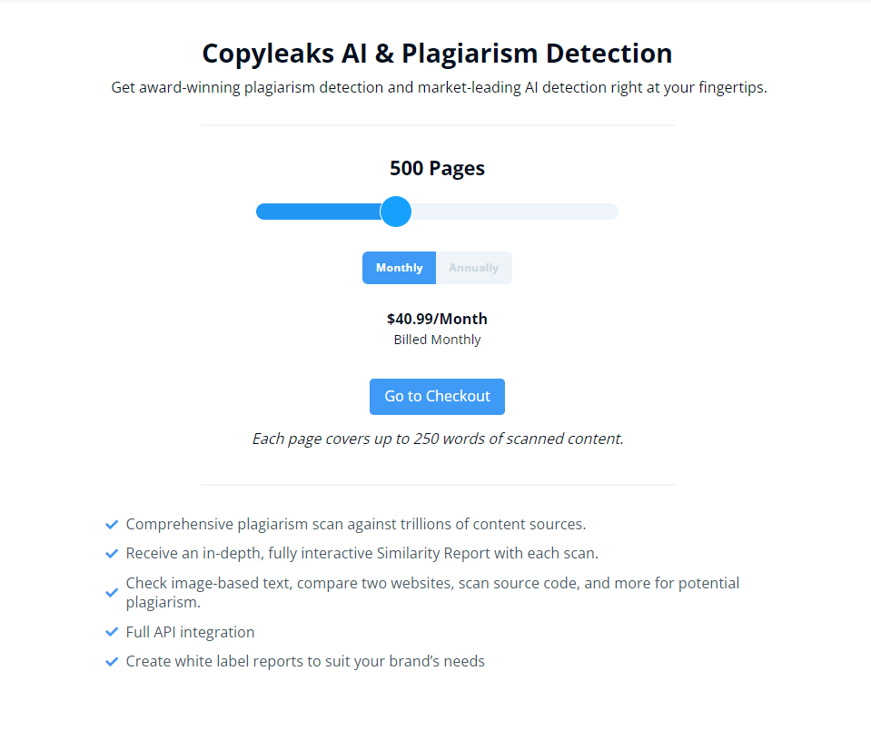 The pricing plans for Copyleaks AI detection tool.