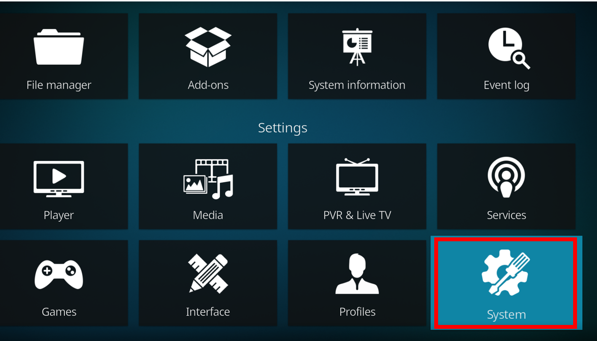 Kodi menu with System option highlighted in a square red border
