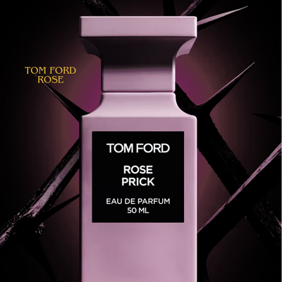 An opulent decanter housing the captivating aroma of Tom Ford's Rose Prick Eau de Parfum, evoking a sense of timeless allure and refinement.