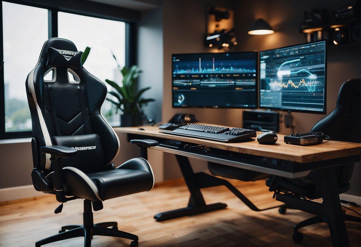 A desk with a racing wheel, pedals, and monitor. Cables connect the components. A gaming chair sits in front of the setup