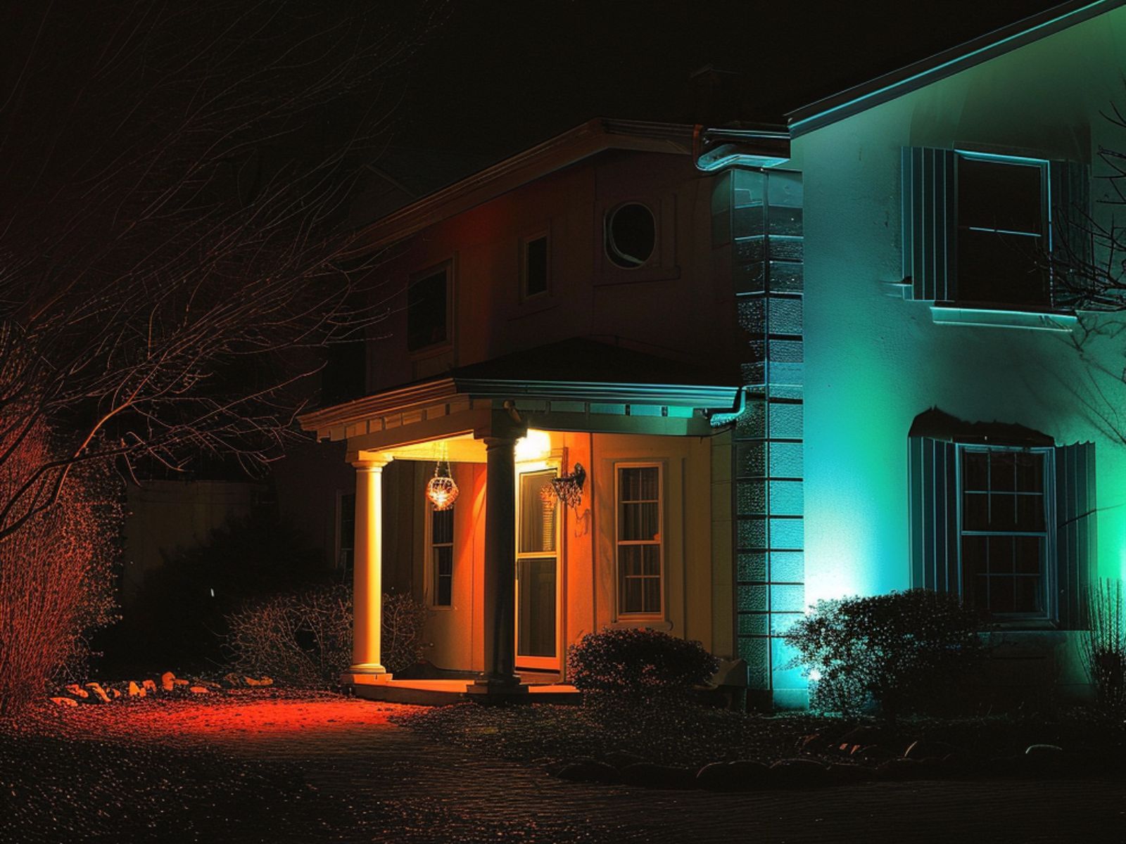 A home exterior illuminated with multicolor wash lights