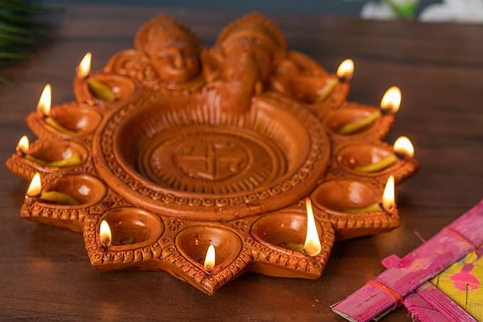 Handmade Ganesh Laxmi Gyara Mukhi Terracotta Table Diya/ Diwali Decor/ Gifting