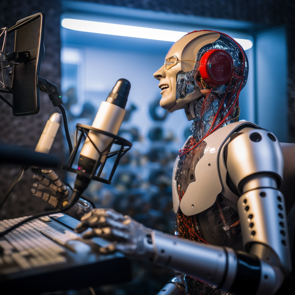 An AI robot singing and recording voice content for a video in a recording studio.